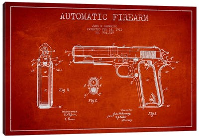 Auto Firearm Red Patent Blueprint Canvas Art Print - Weapons & Artillery Art
