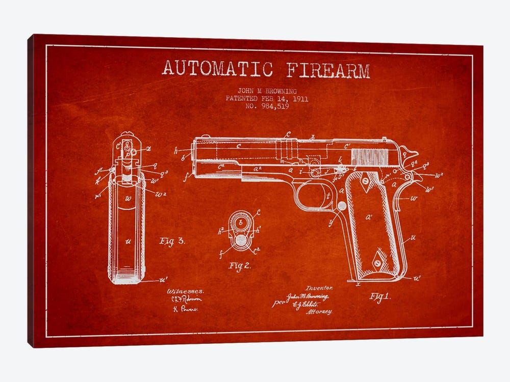 Auto Firearm Red Patent Blueprint by Aged Pixel 1-piece Canvas Art