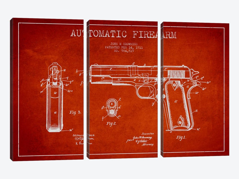 Auto Firearm Red Patent Blueprint by Aged Pixel 3-piece Canvas Art