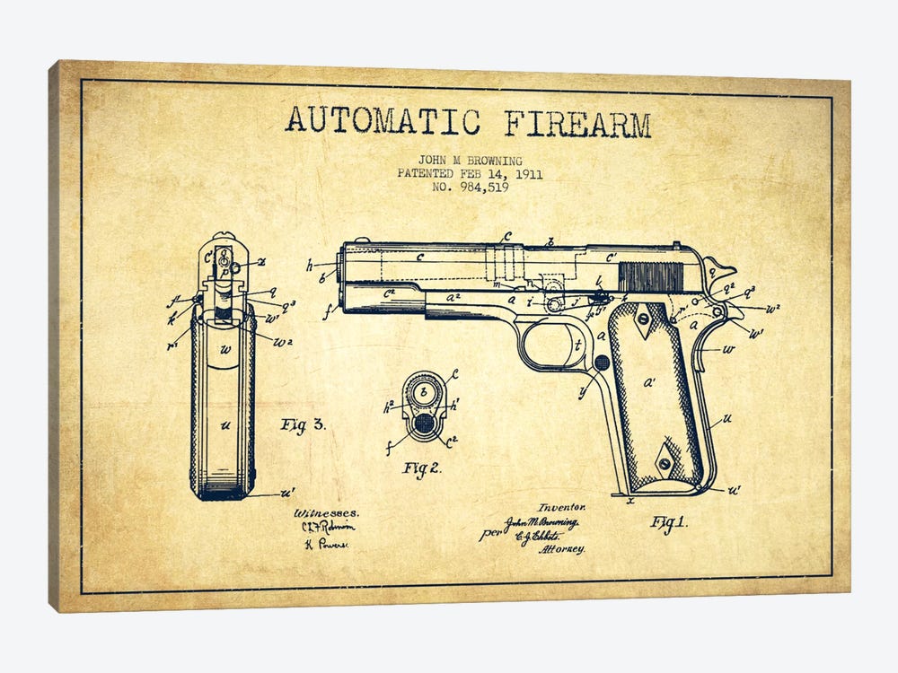 Auto Firearm Vintage Patent Blueprint by Aged Pixel 1-piece Art Print