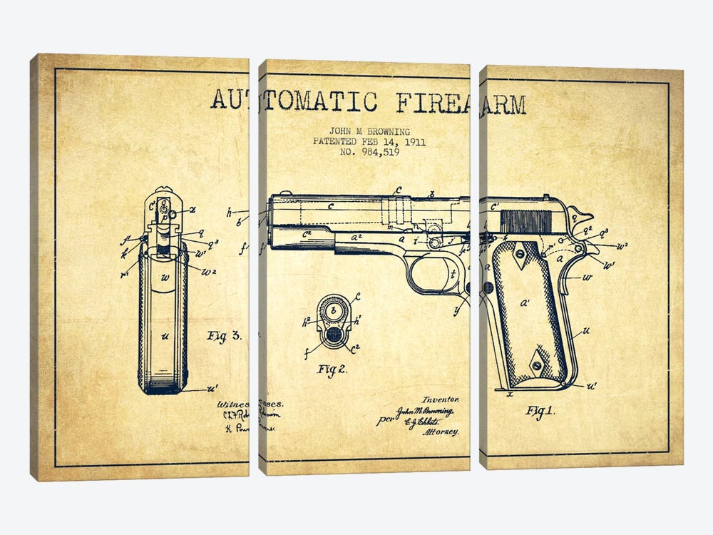 Auto Firearm Vintage Patent Blueprint by Aged Pixel 3-piece Art Print