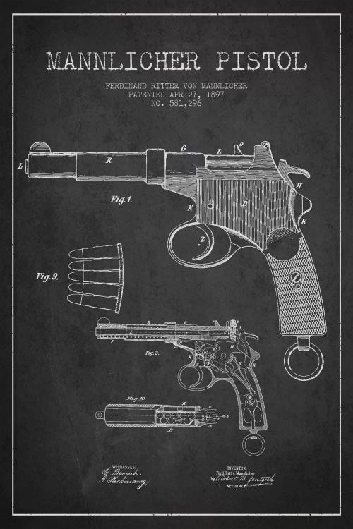 Mannlicher Pistol Charcoal Patent Blueprint