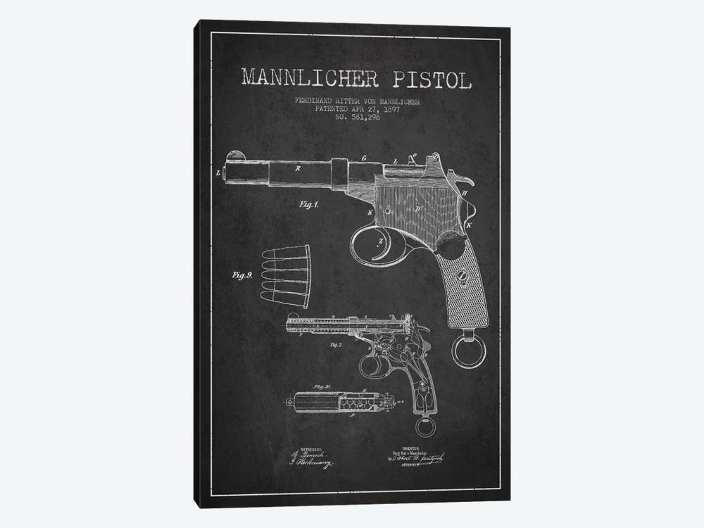 Mannlicher Pistol Charcoal Patent Blueprint by Aged Pixel 1-piece Canvas Artwork