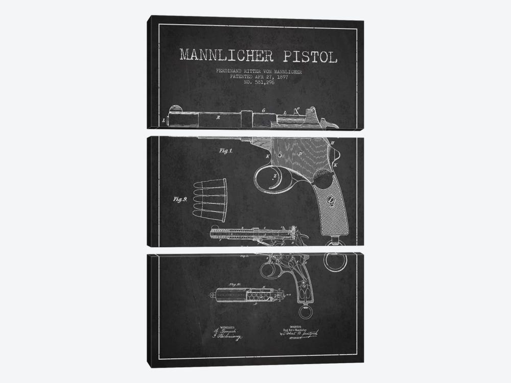 Mannlicher Pistol Charcoal Patent Blueprint by Aged Pixel 3-piece Canvas Wall Art