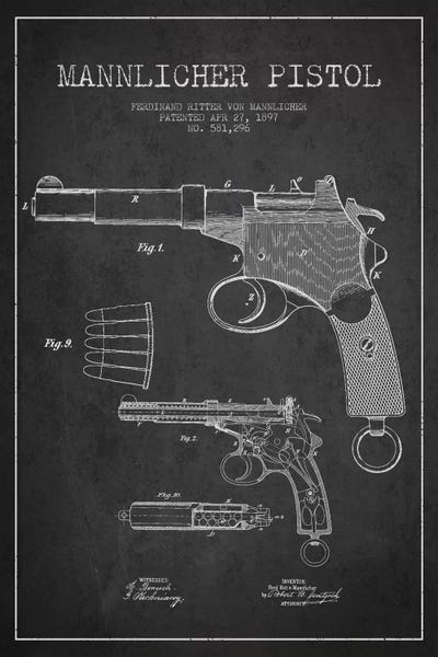 Weapon Blueprints: Mannlicher Pistol Charcoal Patent Blueprint by Aged Pixel