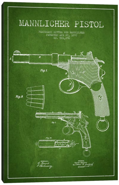 Mannlicher Pistol Green Patent Blueprint Canvas Art Print - Aged Pixel: Weapons