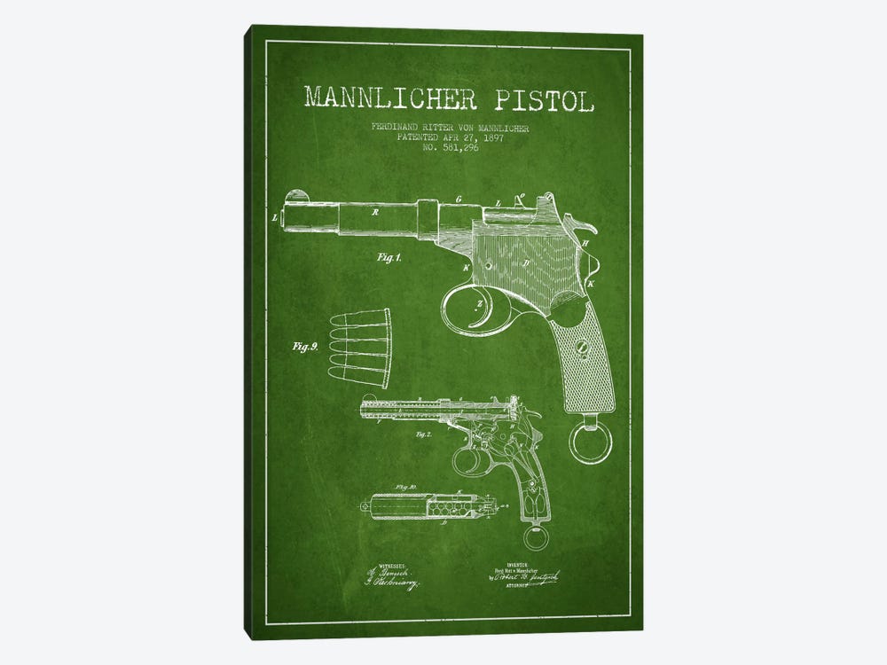 Mannlicher Pistol Green Patent Blueprint by Aged Pixel 1-piece Canvas Art Print