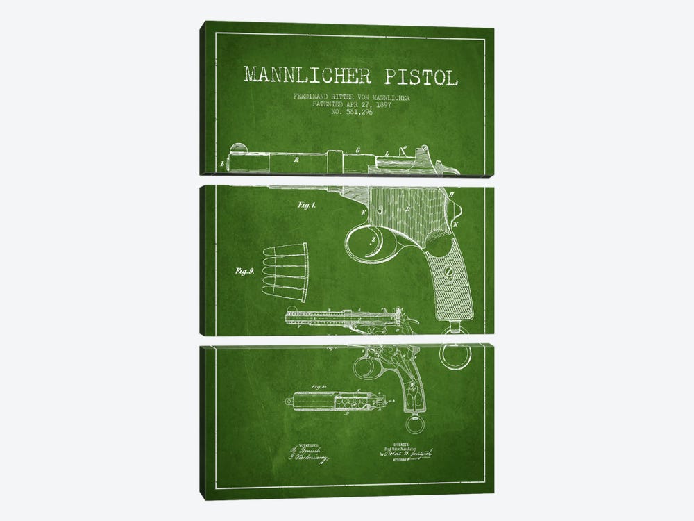 Mannlicher Pistol Green Patent Blueprint by Aged Pixel 3-piece Canvas Art Print