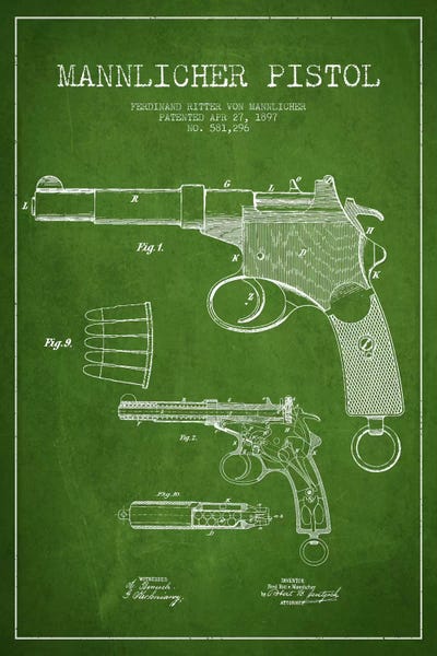 Weapon Blueprints: Mannlicher Pistol Green Patent Blueprint by Aged Pixel
