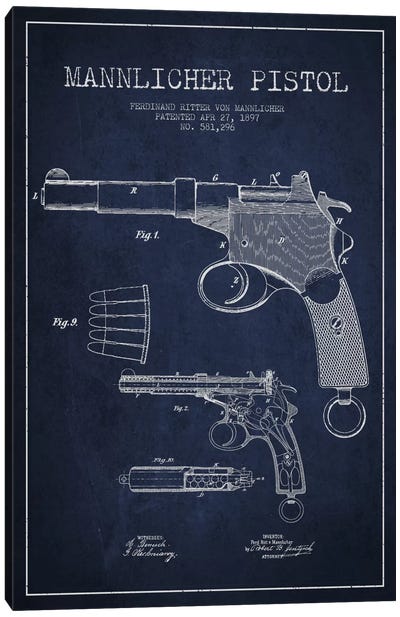 Mannlicher Pistol Navy Blue Patent Blueprint Canvas Art Print - Aged Pixel: Weapons