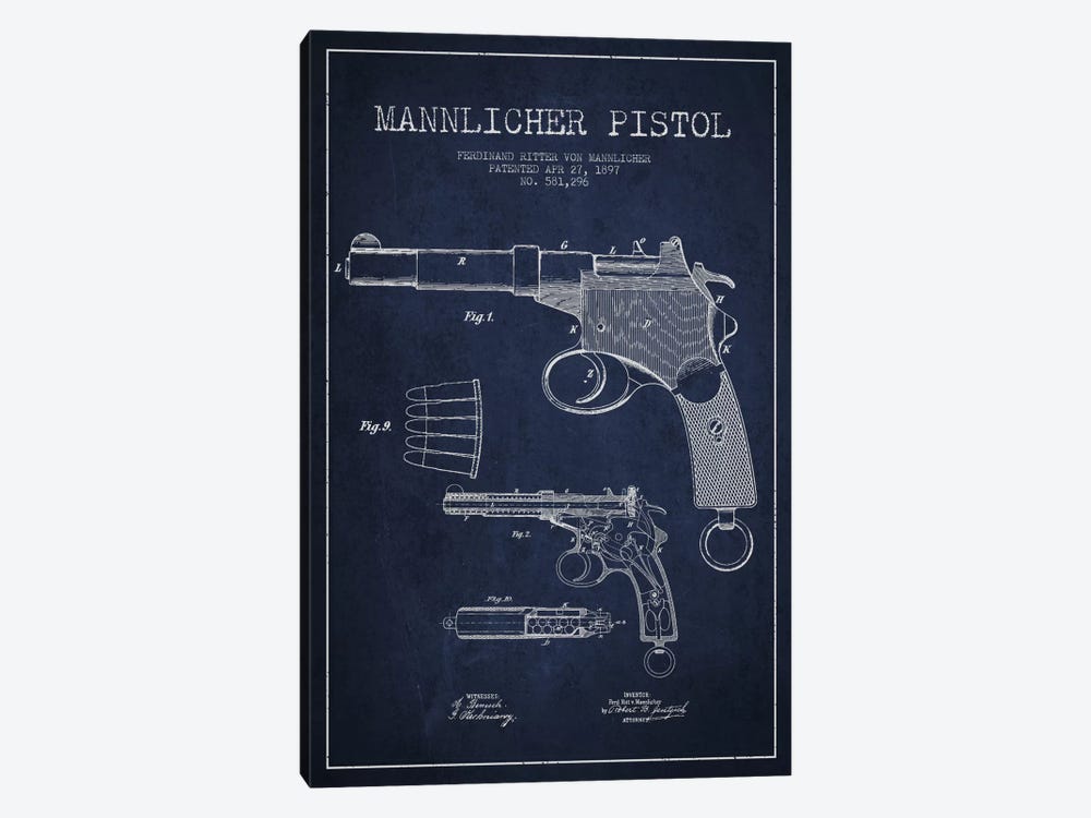 Mannlicher Pistol Navy Blue Patent Blueprint by Aged Pixel 1-piece Canvas Art