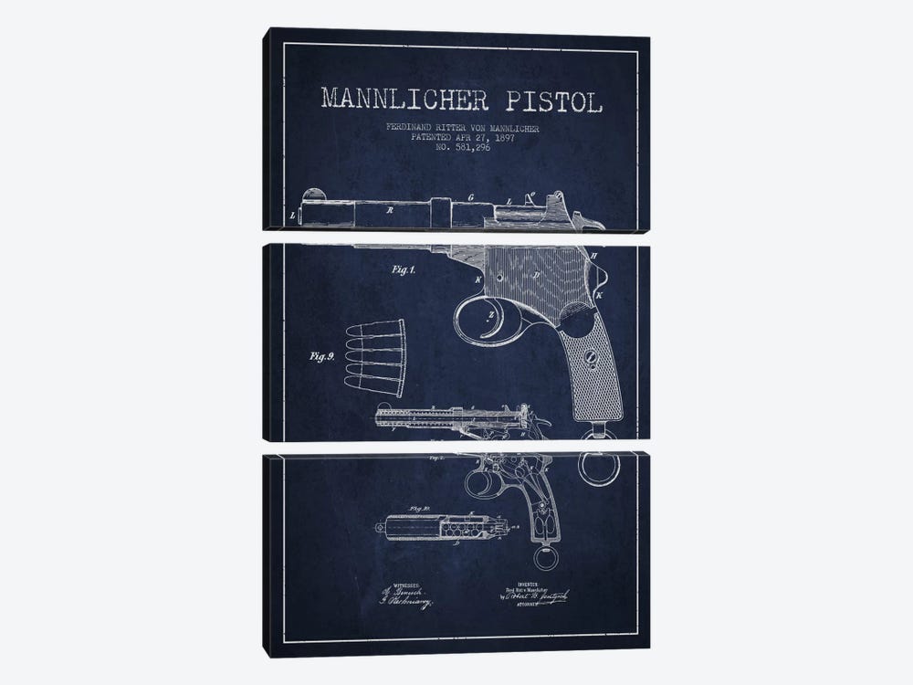 Mannlicher Pistol Navy Blue Patent Blueprint by Aged Pixel 3-piece Canvas Wall Art
