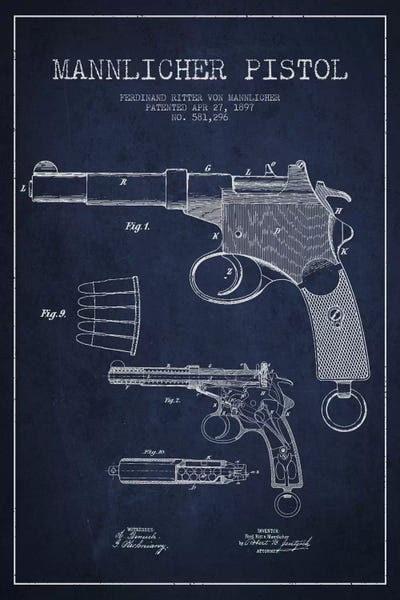Weapon Blueprints: Mannlicher Pistol Navy Blue Patent Blueprint by Aged Pixel