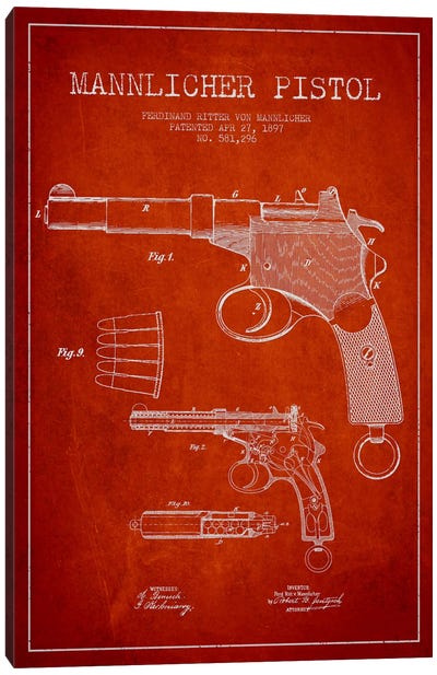 Mannlicher Pistol Red Patent Blueprint Canvas Art Print - Weapon Blueprints