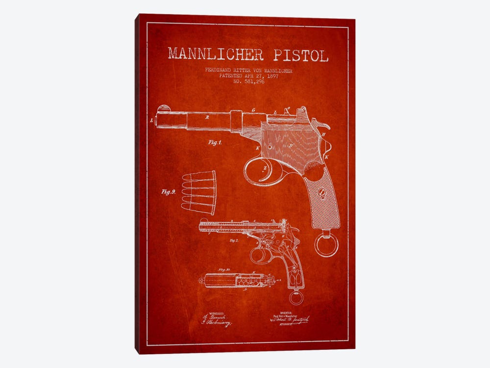 Mannlicher Pistol Red Patent Blueprint by Aged Pixel 1-piece Art Print