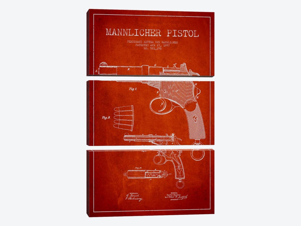 Mannlicher Pistol Red Patent Blueprint by Aged Pixel 3-piece Canvas Print