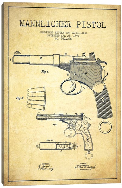 Mannlicher Pistol Vintage Patent Blueprint Canvas Art Print - Weapons & Artillery Art