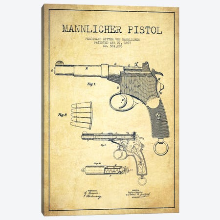 Mannlicher Pistol Vintage Patent Blueprint Canvas Print #ADP1298} by Aged Pixel Canvas Print