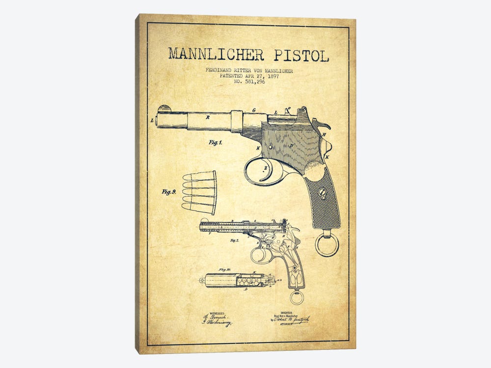 Mannlicher Pistol Vintage Patent Blueprint by Aged Pixel 1-piece Canvas Wall Art