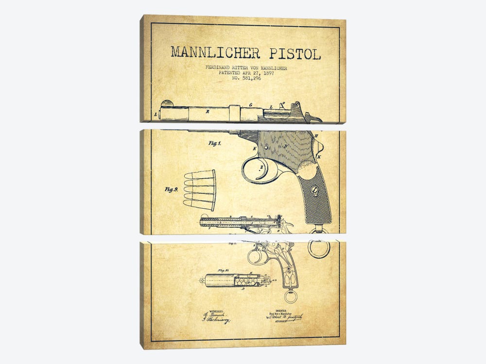 Mannlicher Pistol Vintage Patent Blueprint 3-piece Canvas Artwork
