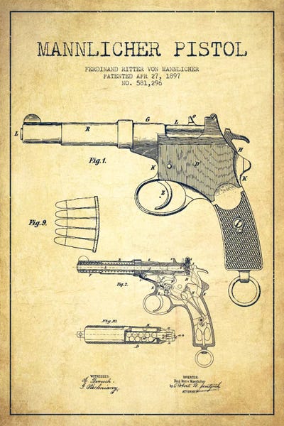 Weapon Blueprints: Mannlicher Pistol Vintage Patent Blueprint by Aged Pixel