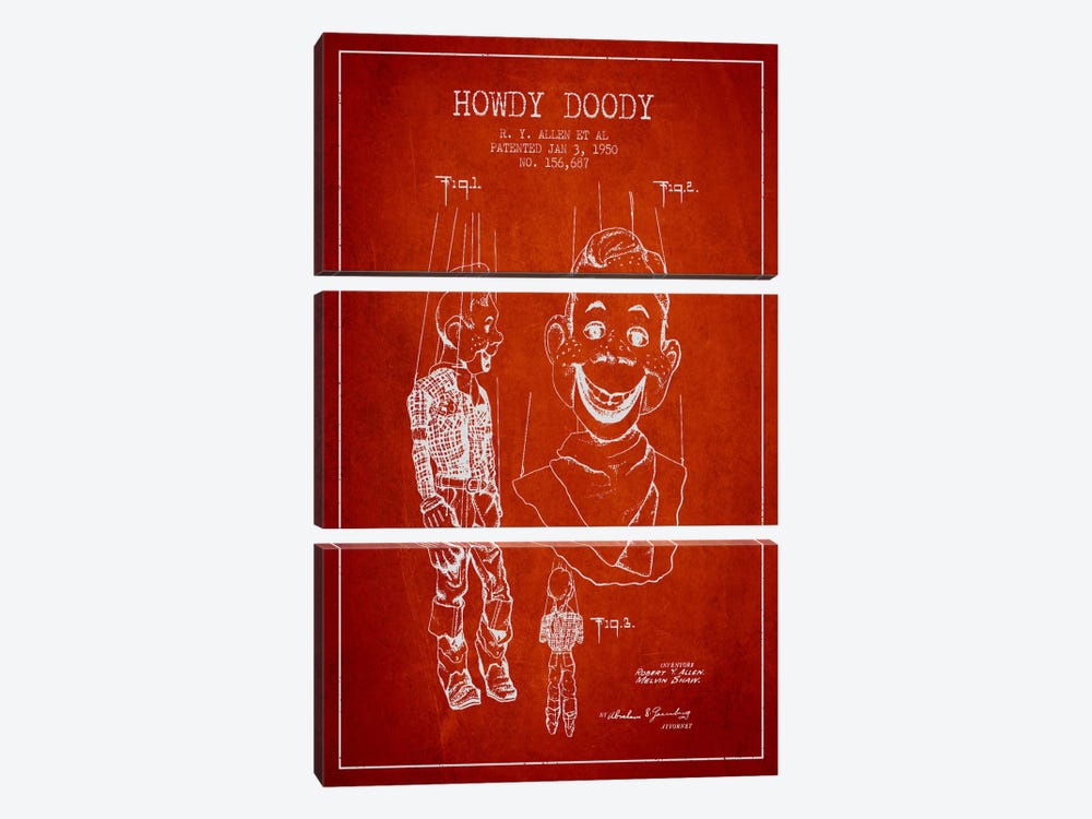 Howdy Doody Red Patent Blueprint by Aged Pixel 3-piece Canvas Art Print