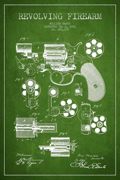 Revolving Firearm Green Patent Blueprint by Aged Pixel canvas print