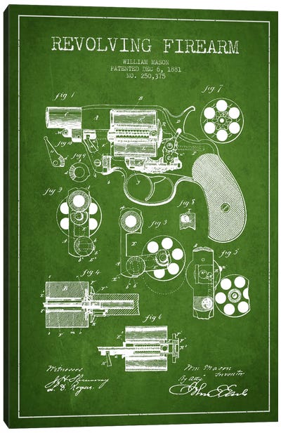 Revolving Firearm Green Patent Blueprint Canvas Art Print - Aged Pixel: Weapons