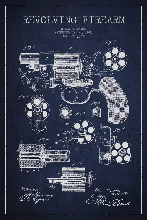 Revolving Firearm Navy Blue Patent Blueprint