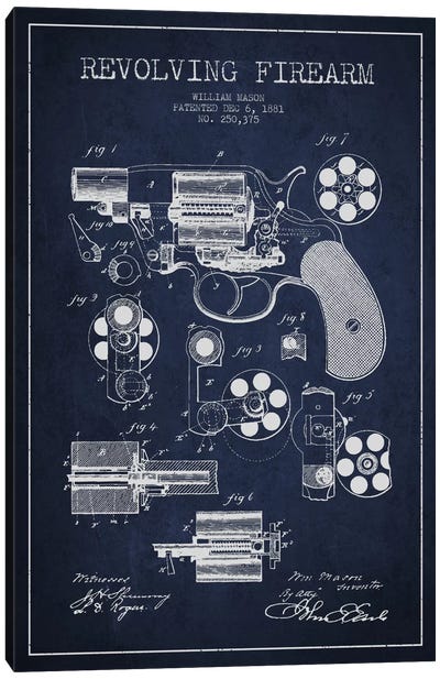 Revolving Firearm Navy Blue Patent Blueprint Canvas Art Print - Aged Pixel: Weapons