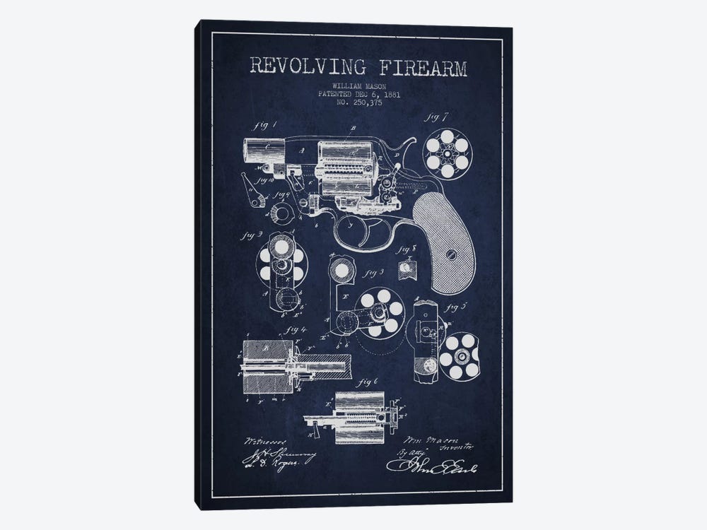 Revolving Firearm Navy Blue Patent Blueprint by Aged Pixel 1-piece Art Print