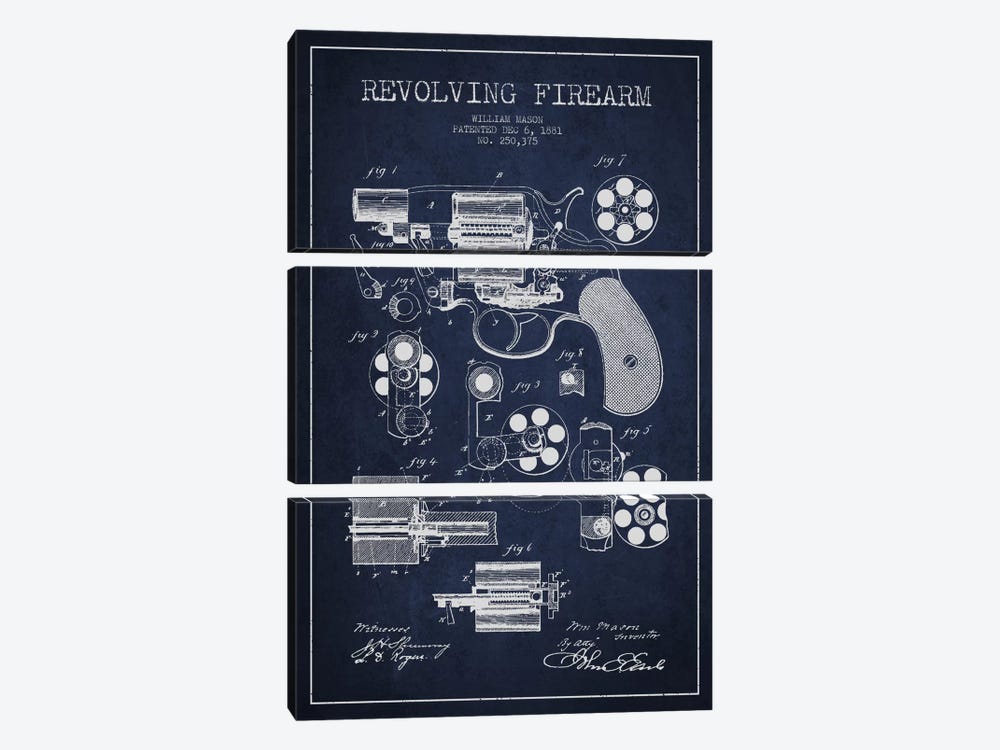 Revolving Firearm Navy Blue Patent Blueprint by Aged Pixel 3-piece Canvas Art Print