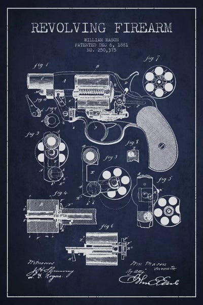 Weapon Blueprints: Revolving Firearm Navy Blue Patent Blueprint by Aged Pixel