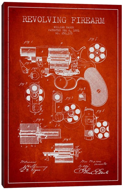 Revolving Firearm Red Patent Blueprint Canvas Art Print - Aged Pixel: Weapons
