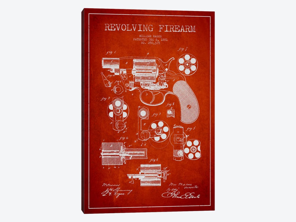 Revolving Firearm Red Patent Blueprint by Aged Pixel 1-piece Canvas Art