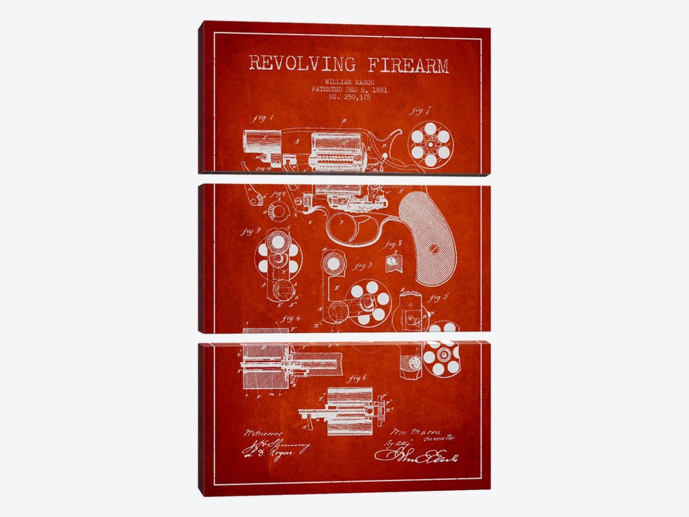 Revolving Firearm Red Patent Blueprint by Aged Pixel 3-piece Canvas Artwork