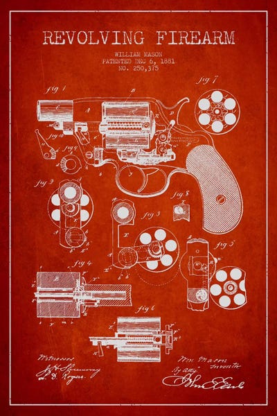 Weapon Blueprints: Revolving Firearm Red Patent Blueprint by Aged Pixel