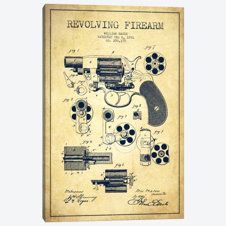 Revolving Firearm Vintage Patent Blueprint Canvas Print #ADP1303} by Aged Pixel Canvas Art Print