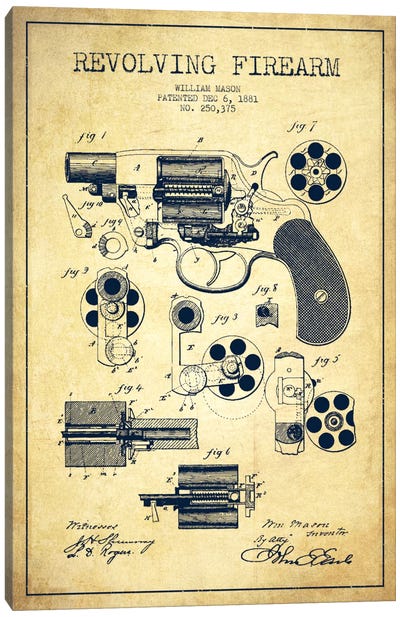 Revolving Firearm Vintage Patent Blueprint Canvas Art Print - Weapons & Artillery Art