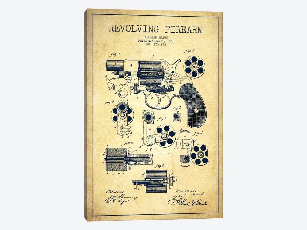 Revolving Firearm Vintage Patent Blueprint by Aged Pixel 1-piece Canvas Print