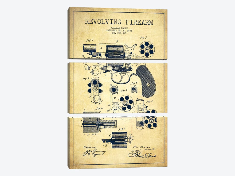 Revolving Firearm Vintage Patent Blueprint by Aged Pixel 3-piece Art Print