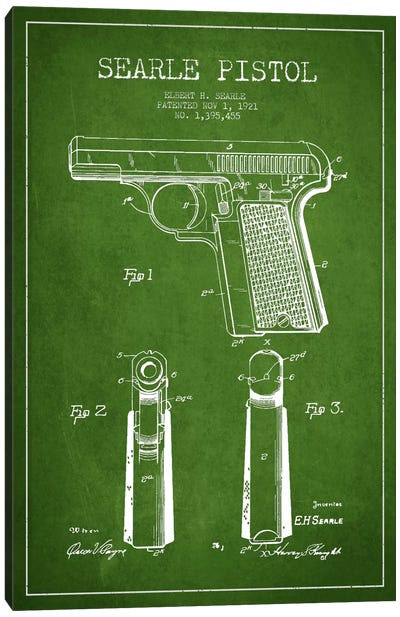 Searle Pistol Green Patent Blueprint Canvas Art Print - Weapon Blueprints