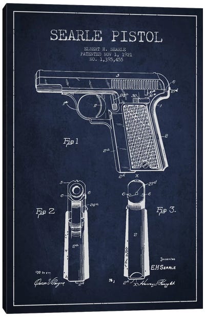 Searle Pistol Navy Blue Patent Blueprint Canvas Art Print - Weapons & Artillery Art
