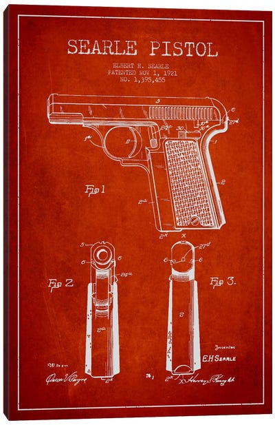 Searle Pistol Red Patent Blueprint Canvas Art Print - Weapon Blueprints