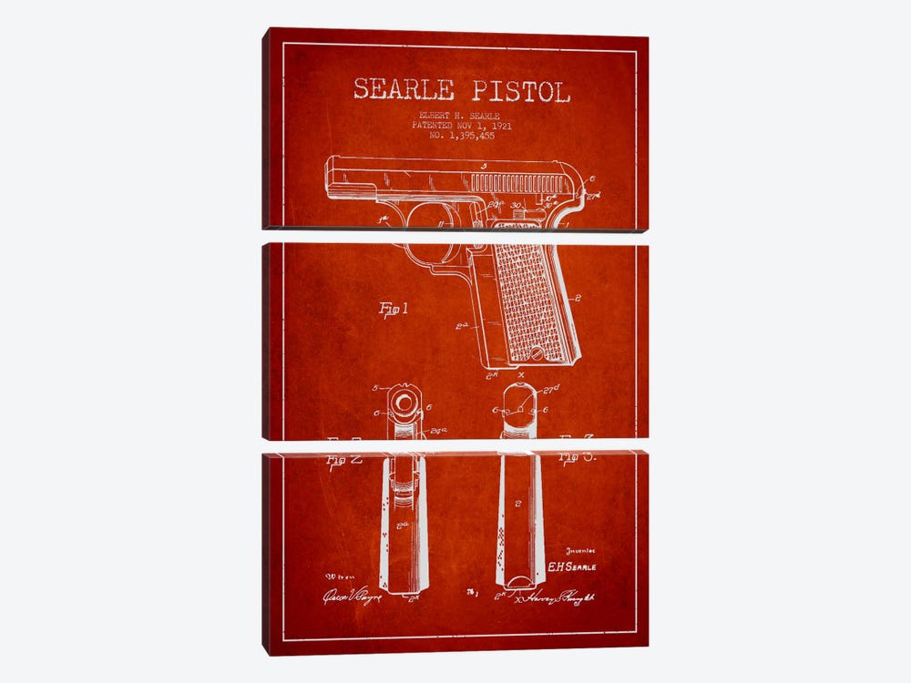 Searle Pistol Red Patent Blueprint by Aged Pixel 3-piece Canvas Art Print
