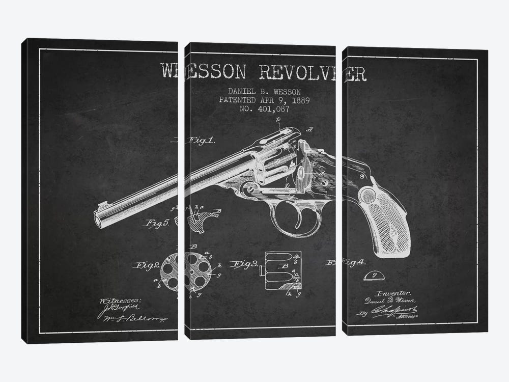Wesson Revolver Charcoal Patent Blueprint by Aged Pixel 3-piece Canvas Art Print