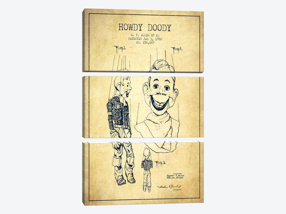Howdy Doody Vintage Patent Blueprint by Aged Pixel 3-piece Canvas Art Print