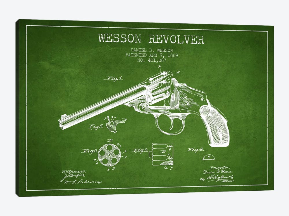 Wesson Revolver Green Patent Blueprint by Aged Pixel 1-piece Canvas Art Print