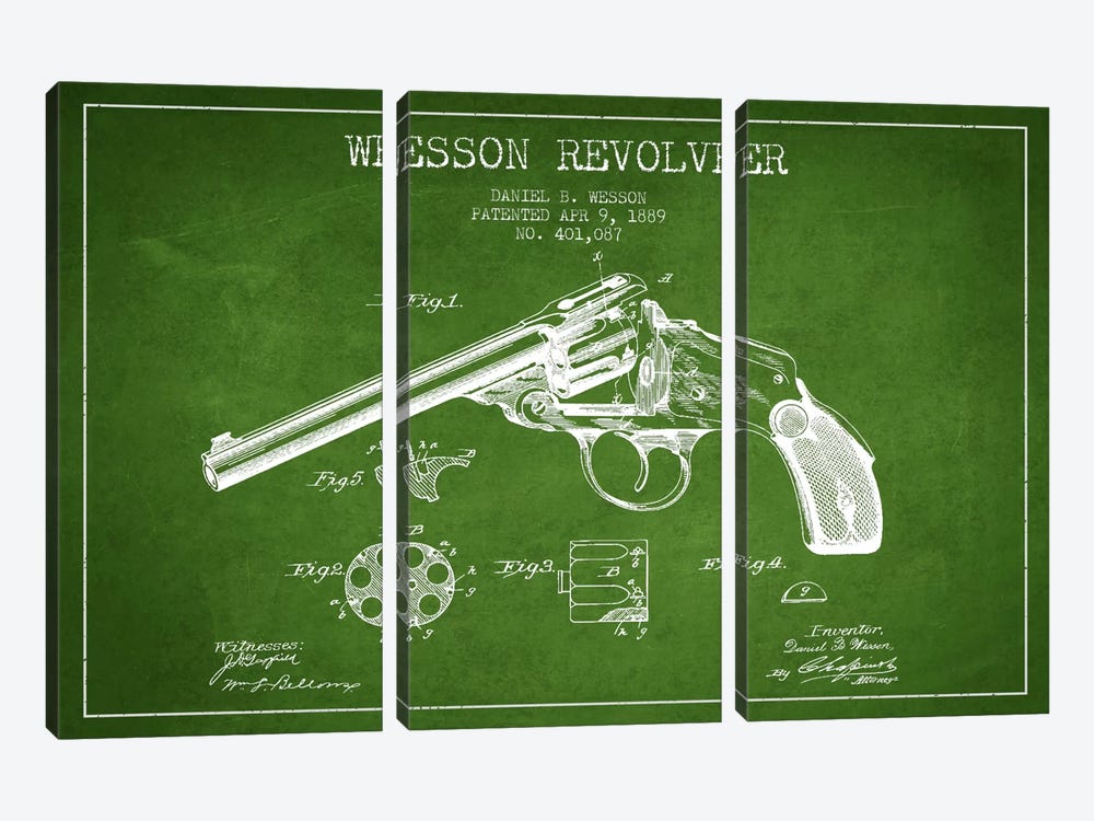 Wesson Revolver Green Patent Blueprint by Aged Pixel 3-piece Canvas Print