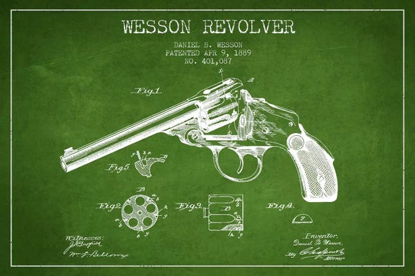 Weapon Blueprints: Wesson Revolver Green Patent Blueprint by Aged Pixel